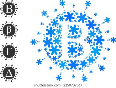 El ícono del Mosaic Beta coronavirus está organizado para invierno, Año Nuevo, Navidad. El mosaico del icono del beta coronavirus está hecho de iconos de nieve azul claro. Se añaden algunos iconos adicionales.