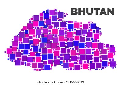 Mosaic Bhutan map isolated on a white background. Vector geographic abstraction in pink and violet colors. Mosaic of Bhutan map combined of scattered square items.