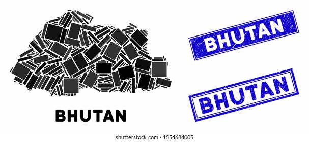 Mosaic Bhutan map and rectangular watermarks. Flat vector Bhutan map mosaic of scattered rotated rectangular elements. Blue caption watermarks with scratched surface.