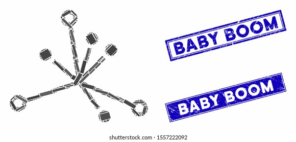 Mosaic big bang pictogram and rectangle rubber prints. Flat vector big bang mosaic pictogram of random rotated rectangle elements. Blue caption seals with rubber textures.
