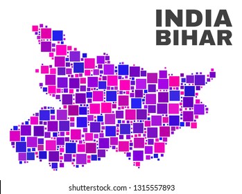 Mosaic Bihar State map isolated on a white background. Vector geographic abstraction in pink and violet colors. Mosaic of Bihar State map combined of random square elements.