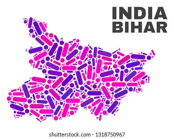 Mosaic Bihar State map isolated on a white background. Vector geographic abstraction in pink and violet colors. Mosaic of Bihar State map combined of scattered circle points and lines.