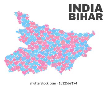 Mosaic Bihar State map of love hearts in pink and blue colors isolated on a white background. Lovely heart collage in shape of Bihar State map. Abstract design for Valentine illustrations.