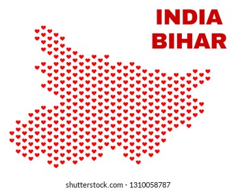 Mosaic Bihar State map of valentine hearts in red color isolated on a white background. Regular red heart pattern in shape of Bihar State map. Abstract design for Valentine illustrations.