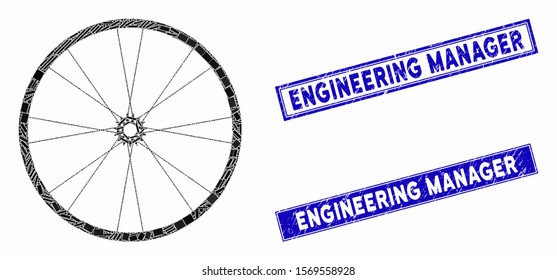 Mosaic bike wheel icon and rectangle seal stamps. Flat vector bike wheel mosaic icon of scattered rotated rectangle elements. Blue caption stamp imprints with grunge surface.