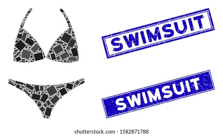 Mosaic bikini pictogram and rectangle Swimsuit seal stamps. Flat vector bikini mosaic pictogram of randomized rotated rectangle items. Blue Swimsuit stamps with dirty textures.