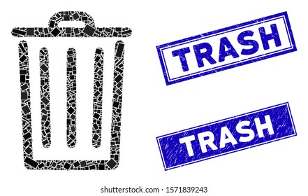 Mosaic bin icon and rectangle Trash watermarks. Flat vector bin mosaic icon of scattered rotated rectangle elements. Blue Trash watermarks with scratched textures.