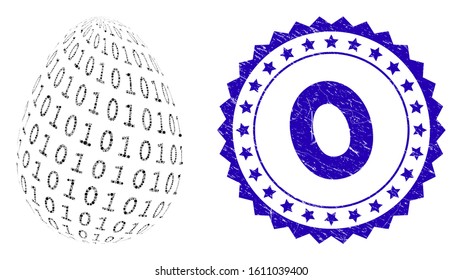 Mosaic binary digital egg icon and grunge stamp seal with 0 caption. Mosaic vector is formed from binary digital egg icon and with scattered spheric items. 0 seal uses blue color, and rubber surface.