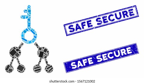Mosaic binary key icon and rectangle seal stamps. Flat vector binary key mosaic pictogram of randomized rotated rectangle items. Blue caption seal stamps with grunge textures.