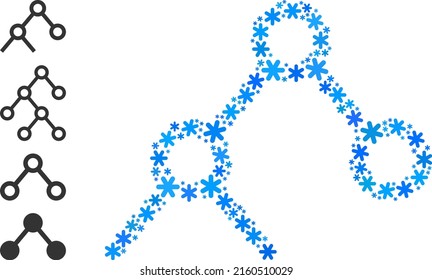 Icono de enlaces binarios mosaicos se combina para invierno, Año Nuevo, Navidad. El mosaico de iconos de enlaces binarios se forma a partir de copos de nieve azul claro. Se agregan algunos iconos similares.