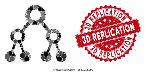 Mosaic binary tree and distressed stamp seal with 3D Replication caption. Mosaic vector is created from binary tree icon and with randomized circle spots. 3D Replication stamp seal uses red color,