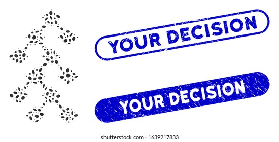 Mosaic binary tree and distressed stamp seals with Your Decision text. Mosaic vector binary tree is formed with random elliptic dots. Your Decision stamp seals use blue color,