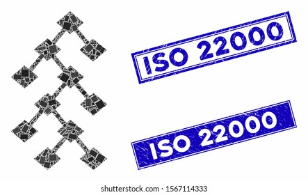 Mosaic binary tree icon and rectangular seal stamps. Flat vector binary tree mosaic icon of random rotated rectangle elements. Blue caption seal stamps with dirty textures.