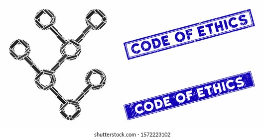 Mosaic binary tree icon and rectangular Code of Ethics seal stamps. Flat vector binary tree mosaic icon of random rotated rectangle items. Blue Code of Ethics rubber stamps with rubber textures.