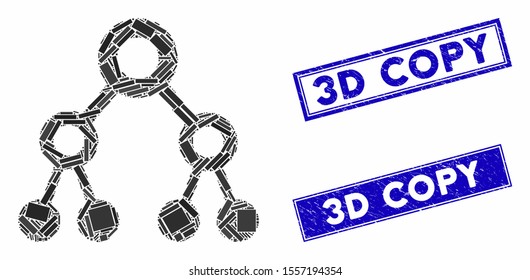 Mosaic binary tree pictogram and rectangle stamps. Flat vector binary tree mosaic pictogram of random rotated rectangular elements. Blue caption seal stamps with distress textures.