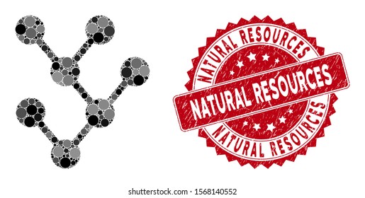 Mosaic binary tree and rubber stamp seal with Natural Resources caption. Mosaic vector is formed with binary tree icon and with randomized spheric spots. Natural Resources stamp seal uses red color,