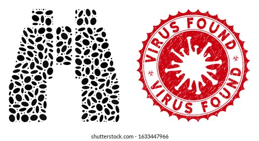 Mosaic binoculars icon and red round distressed stamp seal with Virus Found phrase and coronavirus symbol. Mosaic vector is formed from binoculars icon and with randomized ellipse items.