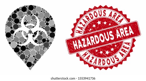 Mosaic biohazard marker and rubber stamp seal with Hazardous Area caption. Mosaic vector is created with biohazard marker icon and with scattered round spots. Hazardous Area stamp seal uses red color,