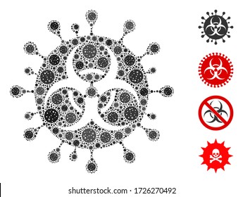 Mosaikvirus, hergestellt aus Grippevirus-Icons in zufälligen Größen und Farbtönen. Vector virale Icons sind in abstrakte Collage Biohazard Virus Icons geordnet. Einige Bonussymbole werden hinzugefügt.