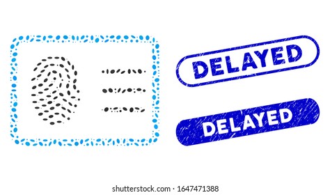 Mosaic biometric account and distressed stamp seals with Delayed text. Mosaic vector biometric account is formed with scattered oval parts. Delayed stamp seals use blue color,