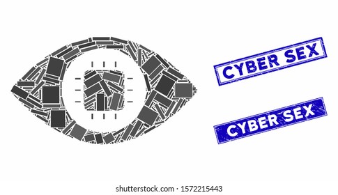 Mosaic bionic eye circuit pictogram and rectangle Cyber Sex rubber prints. Flat vector bionic eye circuit mosaic pictogram of random rotated rectangle items.