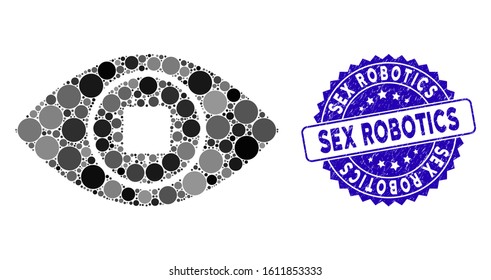 Mosaic bionic eye lens icon and grunge stamp seal with Sex Robotics phrase. Mosaic vector is designed with bionic eye lens icon and with random circle elements.
