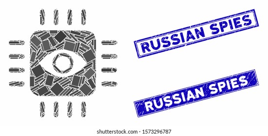 Mosaic bionic eye processor icon and rectangle Russian Spies stamps. Flat vector bionic eye processor mosaic icon of randomized rotated rectangle elements.
