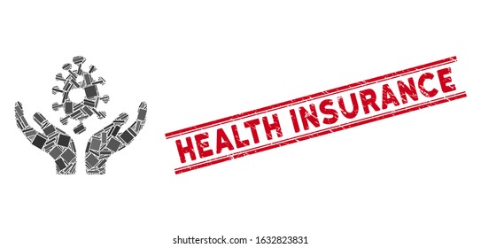Mosaic biotechnology care hands icon and red Health Insurance seal stamp between double parallel lines. Flat vector biotechnology care hands mosaic pictogram of random rotated rectangular items.