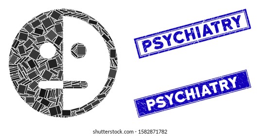 Mosaic bipolarity face pictogram and rectangle Psychiatry seals. Flat vector bipolarity face mosaic pictogram of random rotated rectangle items. Blue Psychiatry seal stamps with scratched surface.