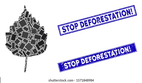 Mosaic birch leaf pictogram and rectangle Stop Deforestation! watermarks. Flat vector birch leaf mosaic pictogram of scattered rotated rectangle items.