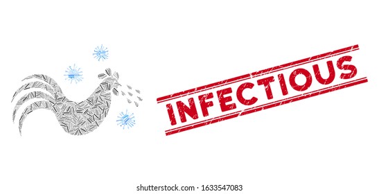 Mosaic bird flu icon and red Infectious seal between double parallel lines. Flat vector bird flu mosaic icon of scattered rotated line items. Red Infectious seal stamp with grunge texture.