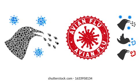 Mosaic bird flu infection icon and red round grunge stamp seal with Avian Flu caption and coronavirus symbol. Mosaic vector is designed from bird flu infection icon and with scatteredirregular parts.