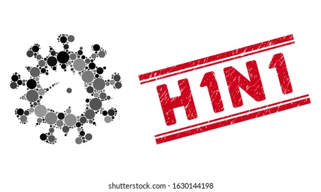 Mosaic bird flu virus icon and distressed stamp seal with H1N1 phrase between double parallel lines. Mosaic vector is formed with bird flu virus icon and with scattered spheric spots.