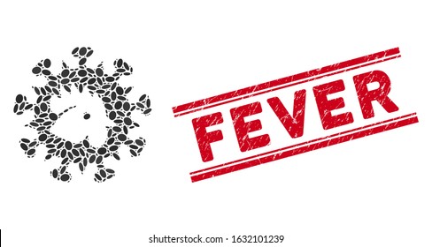 Mosaic bird flu virus icon and distressed stamp seal with red Fever phrase between double parallel lines. Mosaic vector is created from bird flu virus icon and with randomized ellipse items.