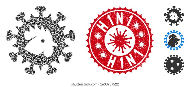 Mosaic bird flu virus icon and red round rubber stamp seal with H1N1 caption and coronavirus symbol. Mosaic vector is designed with bird flu virus icon and with randomizedabrupt items.