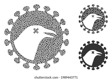 Icono del virus de la gripe aviar Mosaica diseñado a partir de partes jugosas en diferentes tamaños, posiciones y proporciones. Las piezas abruptas de vectores se combinan en un ícono abstracto del virus de la gripe aviar en mosaico.