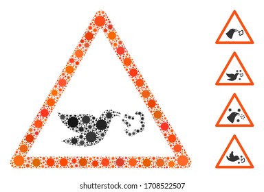 Mosaic bird flu warning designed from SARS virus icons in random sizes and color hues. Vector pathogen icons are arranged into abstract mosaic bird flu warning icon. Some bonus icons are added.