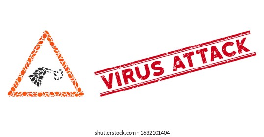 Mosaic bird flu warning icon and grunge stamp seal with red Virus Attack text between double parallel lines. Mosaic vector is composed from bird flu warning icon and with scattered elliptic elements.