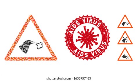 Mosaic bird flu warning icon and red round distressed stamp seal with AIDS Virus text and coronavirus symbol. Mosaic vector is formed with bird flu warning icon and with scatteredraggy elements.