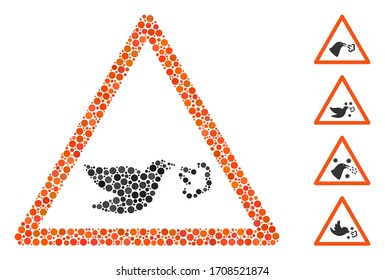 Mosaik-Vogelgrippe-Warnsymbol aus Kreiselementen in verschiedenen Größen, Positionen und Proportionen. Vektorillustrationen-Kreise-Punkte sind in abstraktes Mosaik-Vogelgrippe-Warnsymbol eingeteilt.