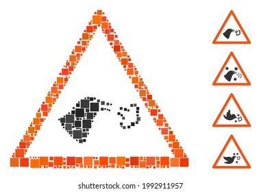 Icono de advertencia de gripe aviar mosaico compuesto de elementos cuadrados de diferentes tamaños y tonos de color. Los elementos cuadrados vectoriales se unen en un icono abstracto de advertencia de gripe aviar en mosaico. Se agregan iconos de bonificación.