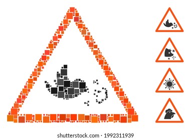 Icono de advertencia de gripe aviar mosaico unido de elementos cuadrados en diferentes tamaños y tonos de color. Los elementos cuadrados vectoriales se unen en un icono abstracto de advertencia de la gripe aviar en mosaico.