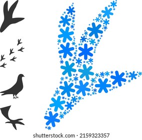 Mosaic bird step icon created for winter, New Year, Christmas. Bird step icon mosaic is created of light blue snow items. Some similar icons are added.