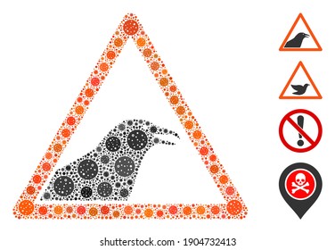 Mosaic bird warning designed from covid-2019 virus icons in random sizes and color hues. Vector pathogen items are organized into abstract mosaic bird warning icon. Some bonus icons are added.