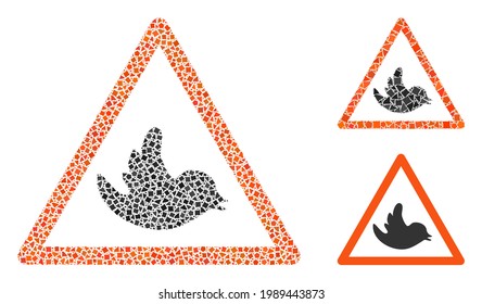 Mosaic Bird warning icon constructed from uneven parts in variable sizes, positions and proportions. Vector uneven parts are combined into abstract collage bird warning icon.