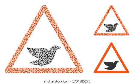 Mosaic Bird warning icon designed from joggly parts in various sizes, positions and proportions. Vector abrupt pieces are combined into abstract mosaic bird warning icon.