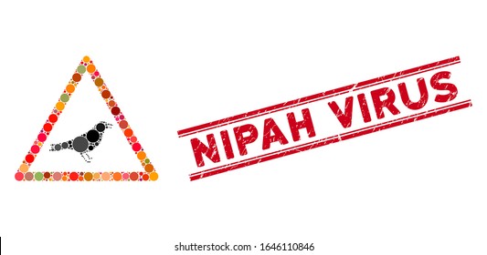 Icono de advertencia de pájaros mosaicos y sello de sellado angustiado con leyenda del virus Nipah entre líneas paralelas dobles. El vector mosaico se crea con un icono de advertencia de pájaros y con elementos redondos aleatorios.