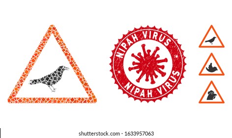 Mosaic bird warning icon and red round distressed stamp seal with Nipah Virus text and coronavirus symbol. Mosaic vector is formed with bird warning icon and with randomizedirregular elements.