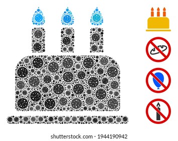 Mosaic birthday cake designed from flu virus elements in random sizes and color hues. Vector pathogen icons are grouped into abstract mosaic birthday cake icon. Some bonus icons are added.
