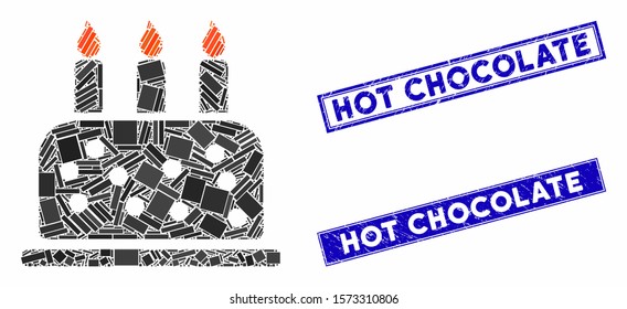Mosaic birthday cake icon and rectangular Hot Chocolate stamps. Flat vector birthday cake mosaic icon of scattered rotated rectangle elements. Blue Hot Chocolate rubber stamps with grunge surface.